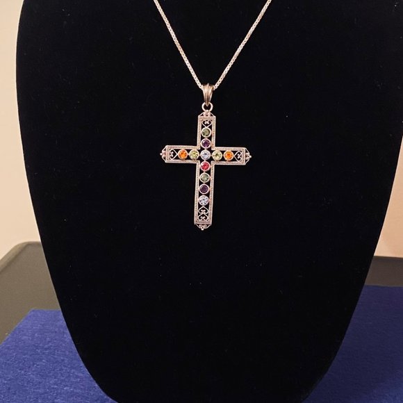 Nicky Butler Multi-gem, Sterling Silver Filigree Cross Pendant & SS Chain - Picture 2 of 5
